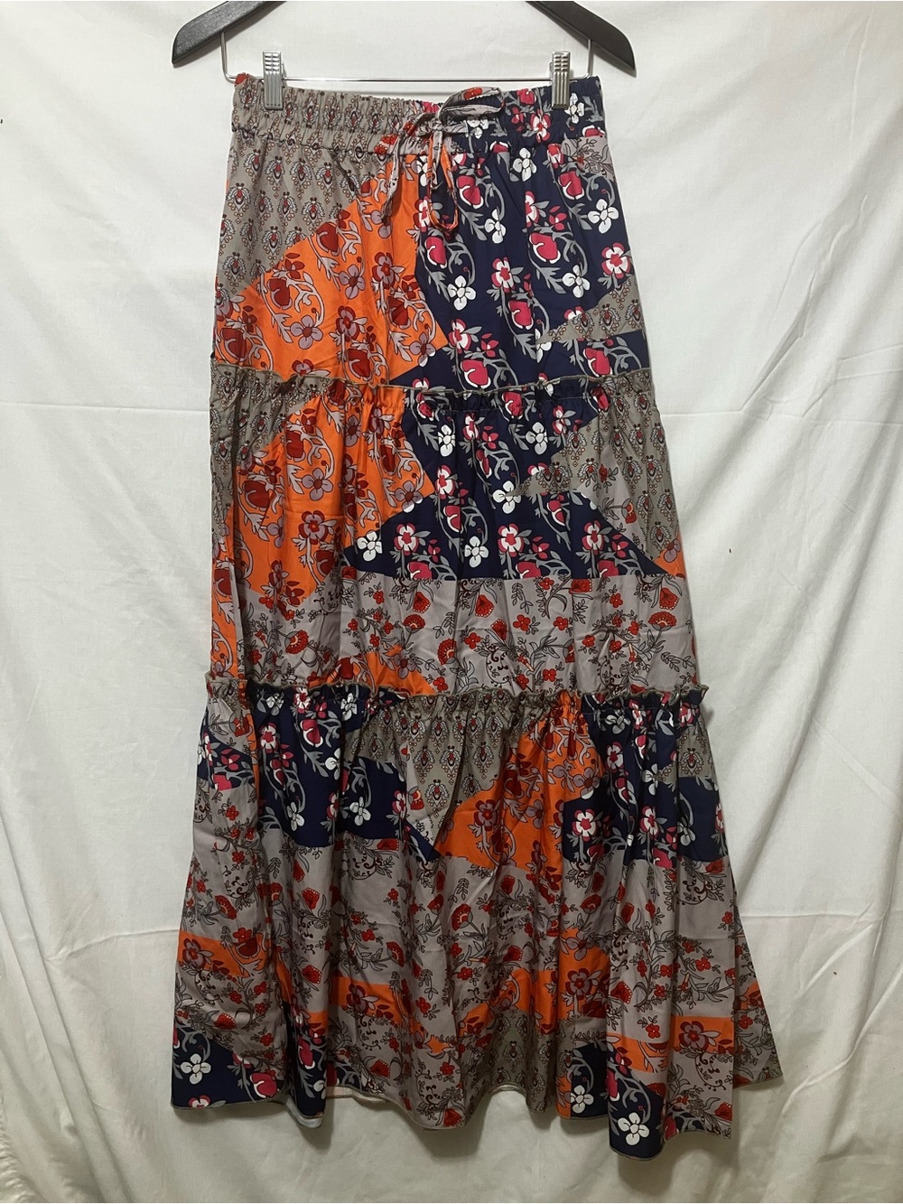 Bohemian Patchwork Maxi Skirt - Orange & Navy Floral